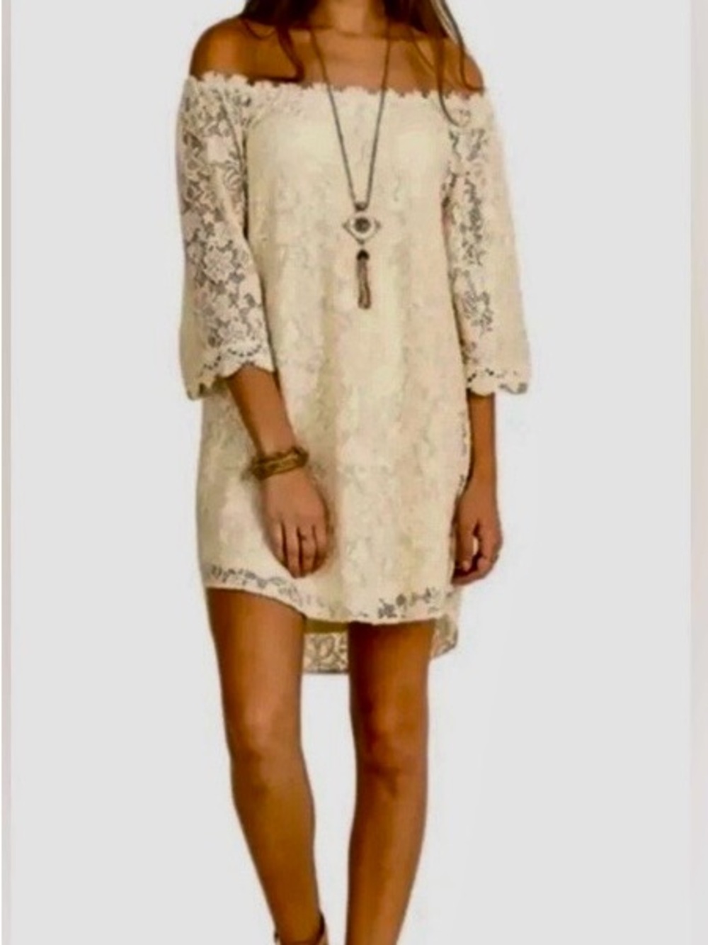 Umgee Cream Off-Shoulder Lace Mini Dress